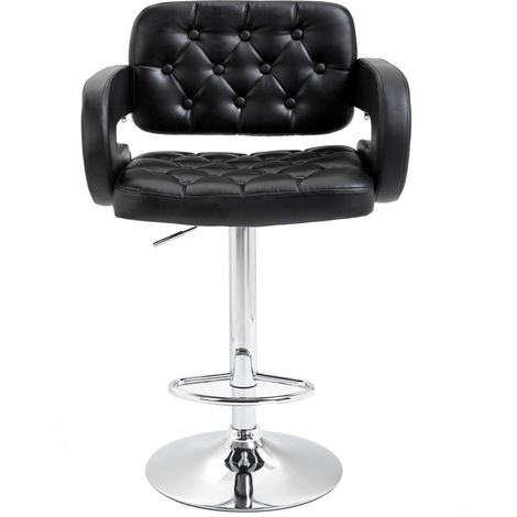 Tabouret Bar Haut Rotatif Réglable Noir Simili Cuir Accoudoirs Dossier Repose-pieds