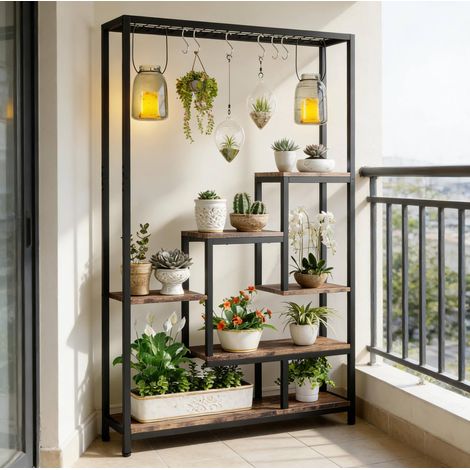 Étagère pour plantes noir et brun rustique en métal et bois à 5 niveaux avec 7 tablettes (1/5)