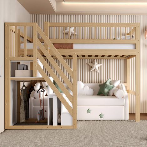 Lit mezzanine enfant 90x200 cm avec escalier de rangement, barrières de sécurité, pin et MDF, finition bois naturel (1/5)