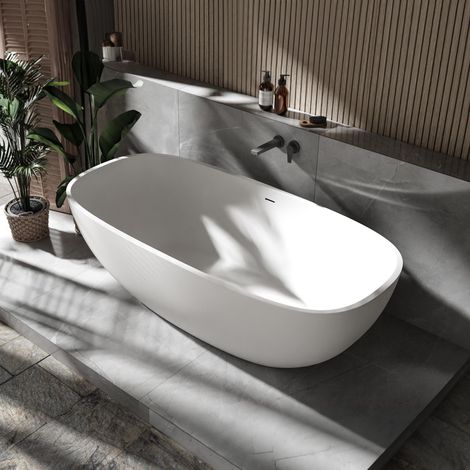 BERNSTEIN - Bañera de isla de fundición mineral, OCEAN STONE - 180 x 87 cm - Con grifo mezclador 1521, Sin desagüe, Blanco mate