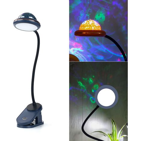 Lampe à Pince Pour Enfants, Lampe de Lecture à Pince LED Rechargeable USB avec Projection D'étoile, 4000k Lampe de Chevet à Col de Cygne 360 ° Tactile Dimmable, Veilleuse à Clip étoile (Blau)