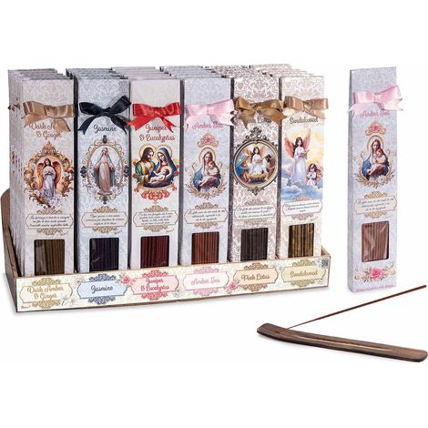 Stick incenso con portaincenso in legno con fiocchetto e stampa religiosa / Sacra Famiglia, set da 36 pezzi, Stick: cm 25,5 H