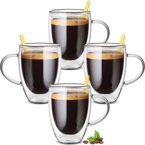 Lot de 4 Tasses Café Double Paroi - Verre Borosilicate 350ml - Isolation Thermique - Pour Boissons Chaudes et Froides - Avec Cuillères Dorées (1/5)