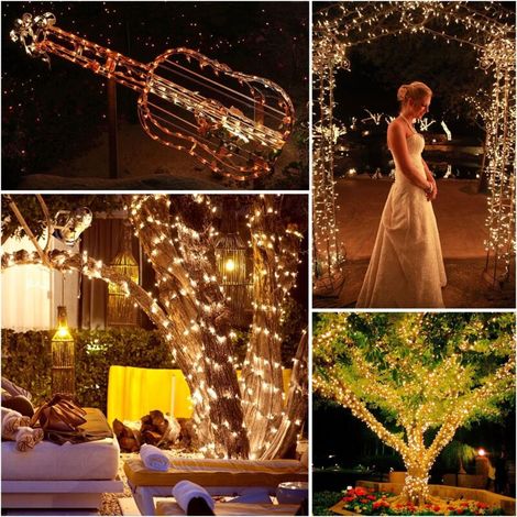 Guirnalda de luces navideñas para exteriores, 20 m, 200 LED, luz eléctrica para árbol de Navidad, color blanco cálido, resistente al agua, 8 modos de iluminación para bodas, cumpleaños, fiestas, hogar (1/4)