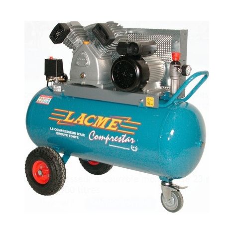 Lacme – Compresseur à courroie 4CV monophasé 23m³/h – Réservoir 100L – Débit 385L/min – Pression 11 bar – Moteur 3kW (1/2)
