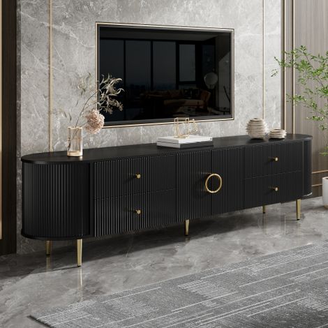 Modernluxe - Meuble TV 180x40x38 cm - 4 tiroirs et 2 portes - Forme ovale - Texture ondulée 3D - Pieds en fer - MDF - Noir (1/5)