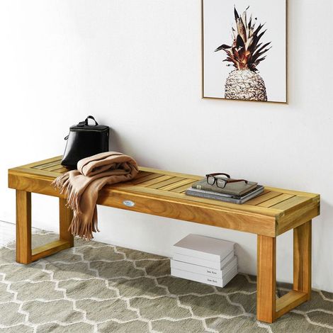 Banco de exterior de madera de teca, 132x34x43,5 cm, capacidad 320 kg (1/5)