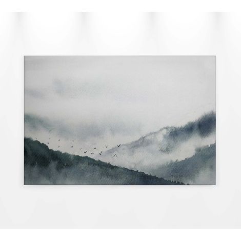 Tableau paysage montagne gris | Tableau sur toile effet aquarelle montagne & brouillard | Tableau hiver bureau & salon 0,9 x 0,6 m (1/5)
