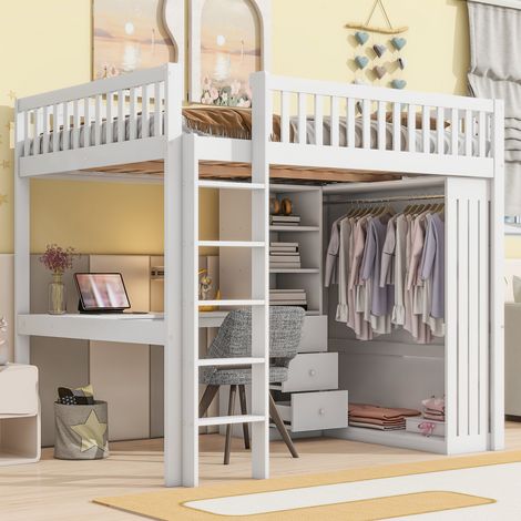 Hochbett mit Schreibtisch Kleiderschrank 140x200 Weiß OKMYHOME (1/5)