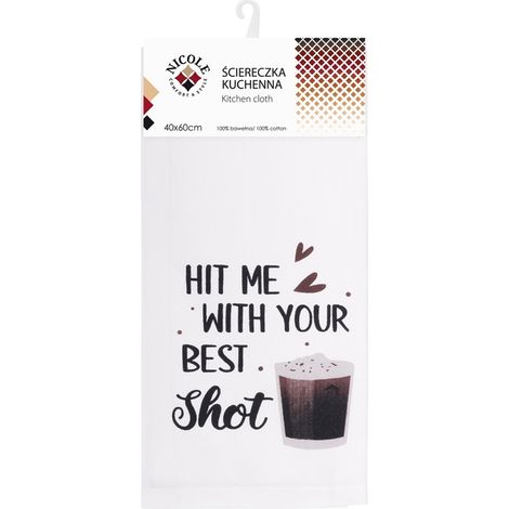 Paño de cocina de algodón NICOLE 40x60 cm art. 52316 blanco con estampado de un vaso de café y la inscripción "Dame tu mejor golpe". (1/3)
