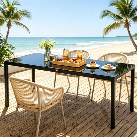 Table de jardin 180 x 80 x 72 cm noire en aluminium et verre trempé, stable et élégante (1/5)