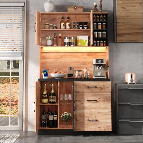 Credenza alta da cucina 105x40x180 cm in MDF nera effetto legno con LED e prese EU (1/5)