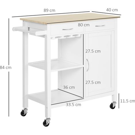 Desserte de cuisine classique à 2 tiroirs et roulettes, îlot de cuisine en bois avec placard gain de place à 2 portes, 89 x 40 x 84 cm, blanc (1/5)