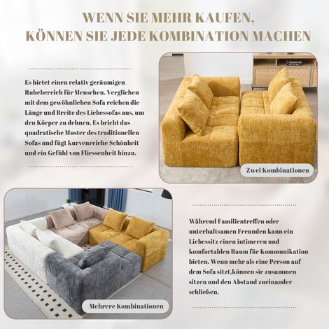 Canapé 2 places moelleux, sans montage, canapé douillet jaune avec coussin, poches latérales pour télécommande et téléphone, élégant et rangé. (1/5)