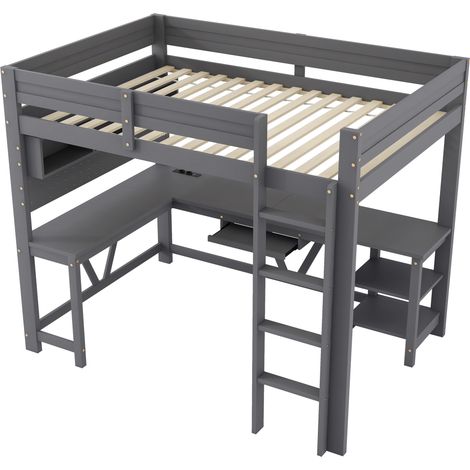 Cama alta juvenil 90 x 200 cm de madera con escritorio, estantes, LED y estación de carga, gris (1/5)
