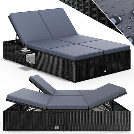 CASARIA® Double Sun Lounger Convenient Foldable Tables Weatherproof 7-Position Adjustable Poly-Rattan Garden Relaxation 200x115cm Schwarz Anthrazit (de)