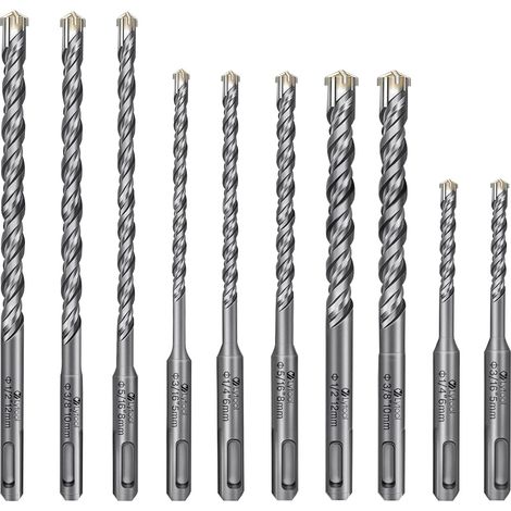 10 Pcs Forets-SDS-PLUS-Béton 5,6,8,10,12 mm à Tête Croisée Mèches pour Mur Renforcé Forets pour Construction Brique Béton Maçonnerie,pour Marteau électrique SDS Plus (1/5)