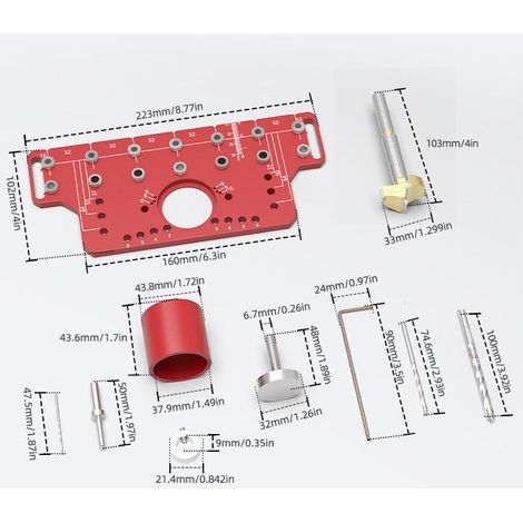 2 en 1 Guide de Perçage et Gabarit de Charnière en Alliage d'Aluminium pour Positionnement Précis des Trous avec Forets de 4 Tailles Inclus (1/4)