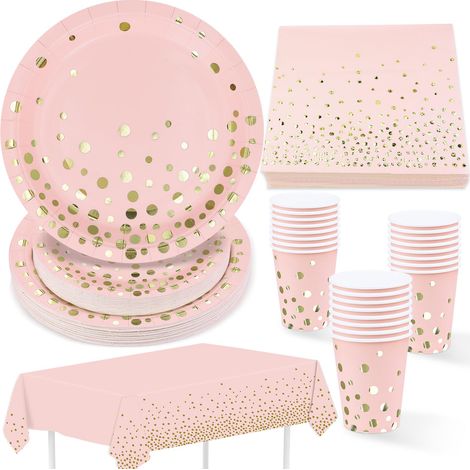 Vaisselle de fête Jetables, Lot de 97 Assiettes en papier, Serviettes, Gobelets en papier, Nappe Rose avec feuille d'or Ensemble (1/5)