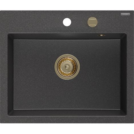 Mexen Oscar fregadero de granito de 1 cubeta 580 x 490 mm, negro moteado, sifón dorado - 6519581000-76-G (1/5)