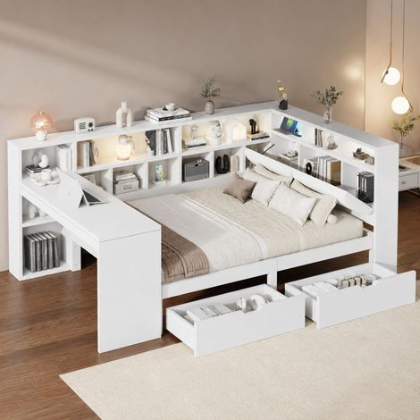 Cama para adultos 140x200 cm de madera blanca con almacenaje y escritorio -FLORAGRACE (1/5)