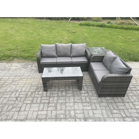 Fimous Outdoor Rattan Garden Furniture Set Patio Lounge Sofa Set with Rectangular Coffee Table Side Table Dark Grey Mixed (1/5)