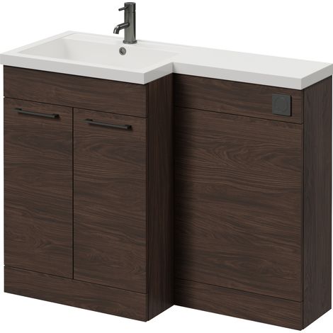 Napoli 460 Brown Oak 1100mm 2 Door Vanity Unit Toilet Suite with Left Hand Square Lucia Basin - 1100mm - Gunmetal Grey 160mm HandleWithout Kingston Toilet Pan