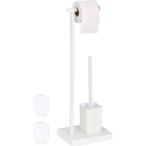 Serviteur WC, HxLxP : 66,5x23x18 cm, Support Papier Toilettes, Brosse et Porte-Brosse, Acier Inoxydable, Blanc (1/5)