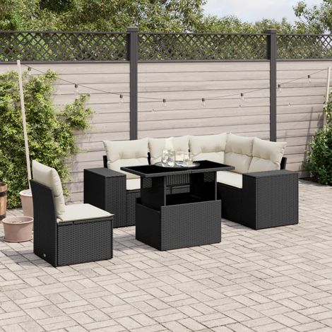 Ensemble Salon Jardin 6 Places Noir Résine Tressée avec Coussins - Table Réglable Hauteur, Mobilier Extérieur Modulaire (1/5)
