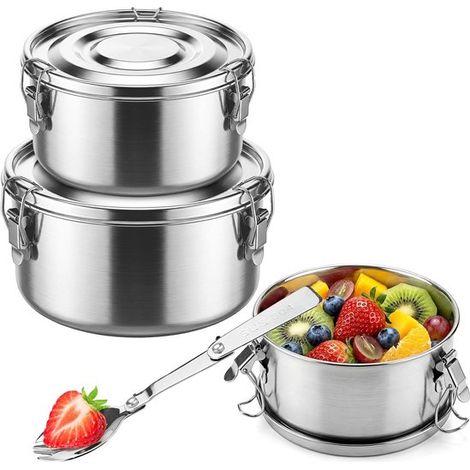 3-teiliges Lunchbox-Set aus Edelstahl auslaufsicher und stapelbar Edelstahl 304 Bento-Box mit Deckel und Löffel für Schule Arbeit und Reisen (1/3)