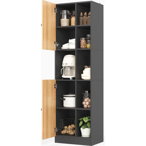 Armoire d'angle cuisine haute avec 6 étagères ouvertes et 2 portes, meuble d'angle étroit pour cuisine, finition anthracite et chêne. (1/5)