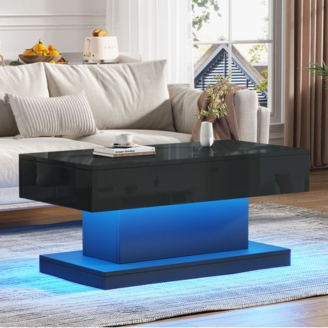 Couchtisch 100x50x45 cm schwarz aus Spanplatte mit Hochglanz, 2 Schubladen und LED-Beleuchtung (1/5)