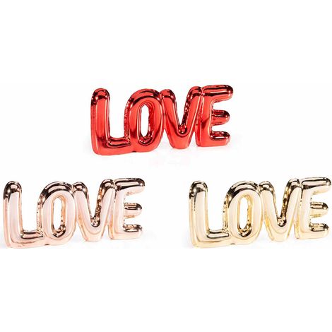 Scritte decorative Love per San Valentino, in ceramica colorata oro, rosa e rossa con effetto metallizzato, set da 6 pezzi, cm 24,5 x 2,5 x 11 H