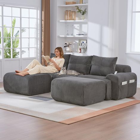 Canapé modulable 3 places en velours côtelé gris foncé avec 2 poufs, combinable à volonté. Porte-gobelets et poche de rangement latérale, idéal pour salon, salle familiale et autres pièces