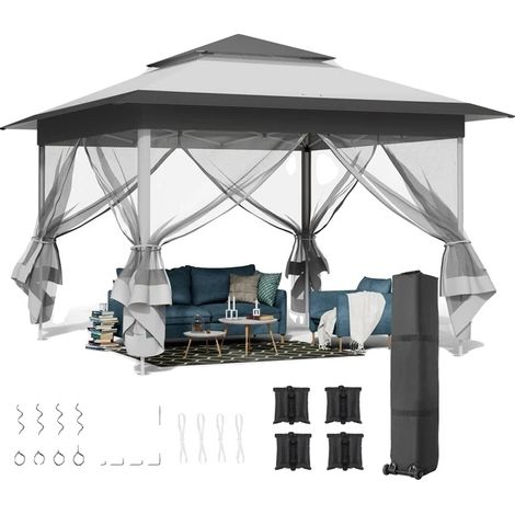 Abri de jardin, Hauteur réglable, 4 panneaux latéraux en filet anti-moustiques, Gris clair et foncé (1/2)