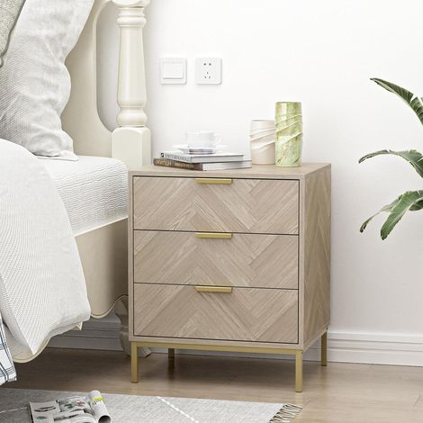 Modern Bedside Table with 3 Drawers, Side Table with Gold Metal Legs and Handles, Sofa End for Living Room, Bedroom, 50 x 40 x 60 cm (1/5)
