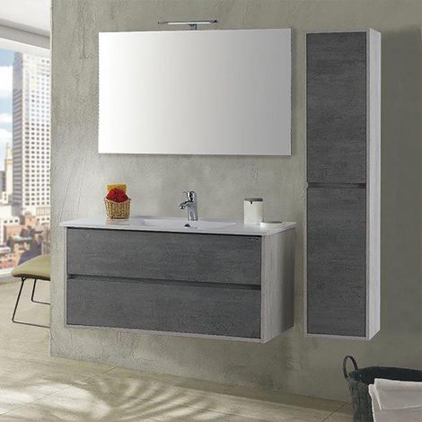 Mobile da Bagno Sospeso 90cm Colonna P18cm Mazzoni Maiorca Plus Bianco Cemento