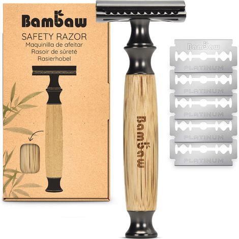 Bambaw, maquinilla de afeitar con cuchillas reemplazables, mango de bambú, color negro, color oscuro clásico. (1/5)