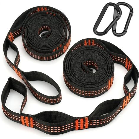 Set of 2 Hammock Straps, 2 m x 2.5 cm, Polyester Hammock Straps with 5+1 Buckles and 2 Heavy Duty Carabiners, 300 kg Capacity Swing Tree Strap for Swing Hammock Camping (1/5)
