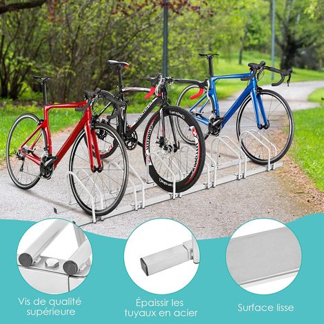 COSTWAY Râtelier 6 Vélos en Acier Fixation au Sol ou Mur 180x32.5x26CM Résistant aux Intempéries Antirouille Ecole Commerce Argent (1/5)