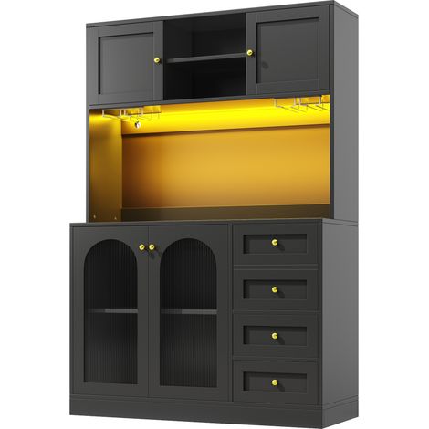 Buffet noir avec LED, 4 portes en verre cannelé, 120x40x188 cm, style campagne (1/5)