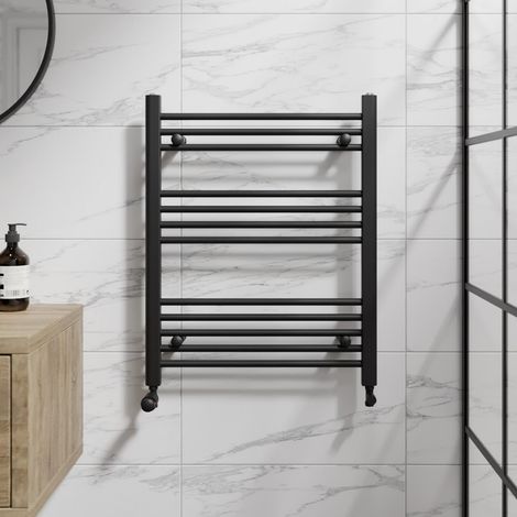 DuraTherm Matt Black Flat Straight Heated Towel Rail Bathroom Radiator Designer 750 x 600mm