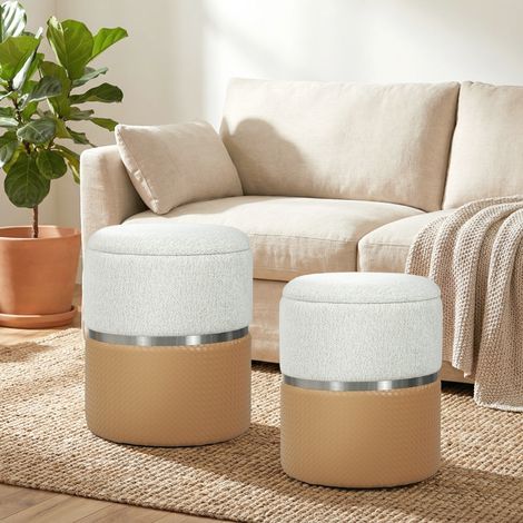 Set di 2 pouf contenitore rivestiti in ciniglia e similpelle, con seduta imbottita per corridoio e camera da letto, nei colori marrone e crema.