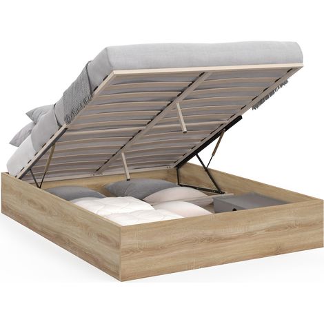 Idmarket – Lit coffre double SANDSIDE 160 x 200 cm – Sommier 24 lattes en bois – Grand coffre de rangement avec vérins de levage – Design moderne