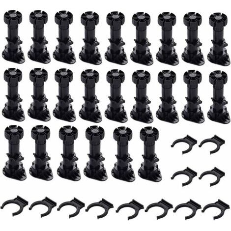 Pieds de meuble réglables en plastique noir, 24 pouces (60 cm), pour meubles de cuisine, armoires et canapés – Fixation rapide par socle à clip – Hauteur ajustable de 80 à 100 mm