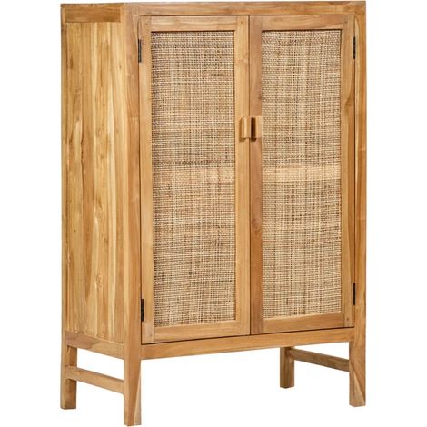 Buffet armoire 2 portes teck massif et cannage rotin H.120 cm - CAMILO (1/5)