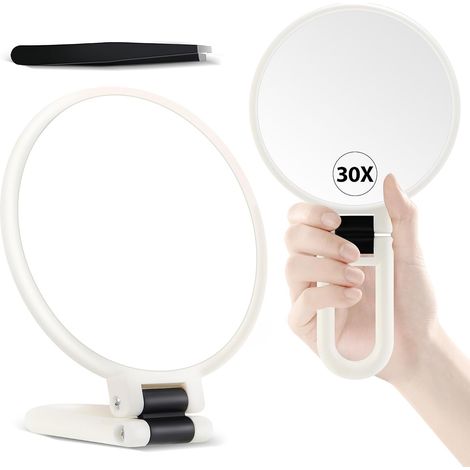 Espejo de mano portátil de doble cara con aumento 30X/1X para depilación y maquillaje con mango ajustable de 360°. (1/5)