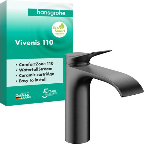 Mitigeur de lavabo sans vidage, robinet de salle de bain avec bec hauteur 110 mm, mitigeur lavabo économe en eau, chrome noir brossé (1/5)