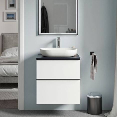 Badmöbel Unterschrank Bernstein LAVOA 60cm Badmöbel: Weiß matt, Waschtischplatte: Mitternachtsblau matt, Metallgriff: Chrom