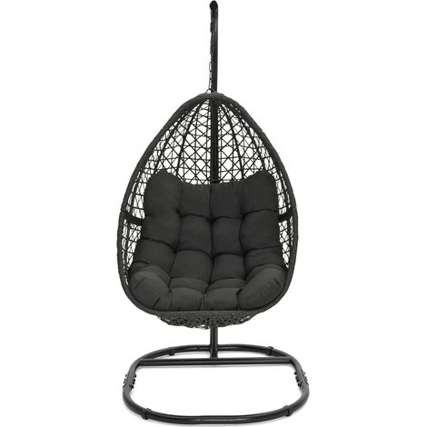 Poltrona a luna sospesa in rattan traforato con cuscino grigio (1/5)